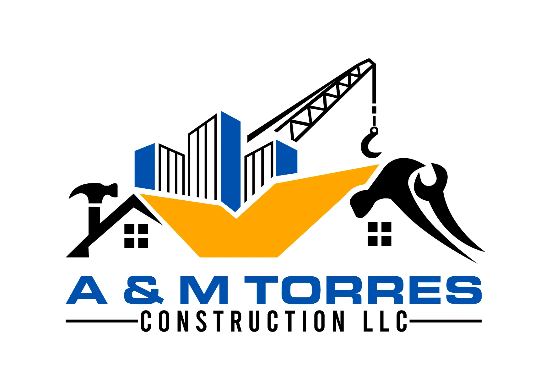 A&M Torres Construction LLC logo with buildings, crane, and tools